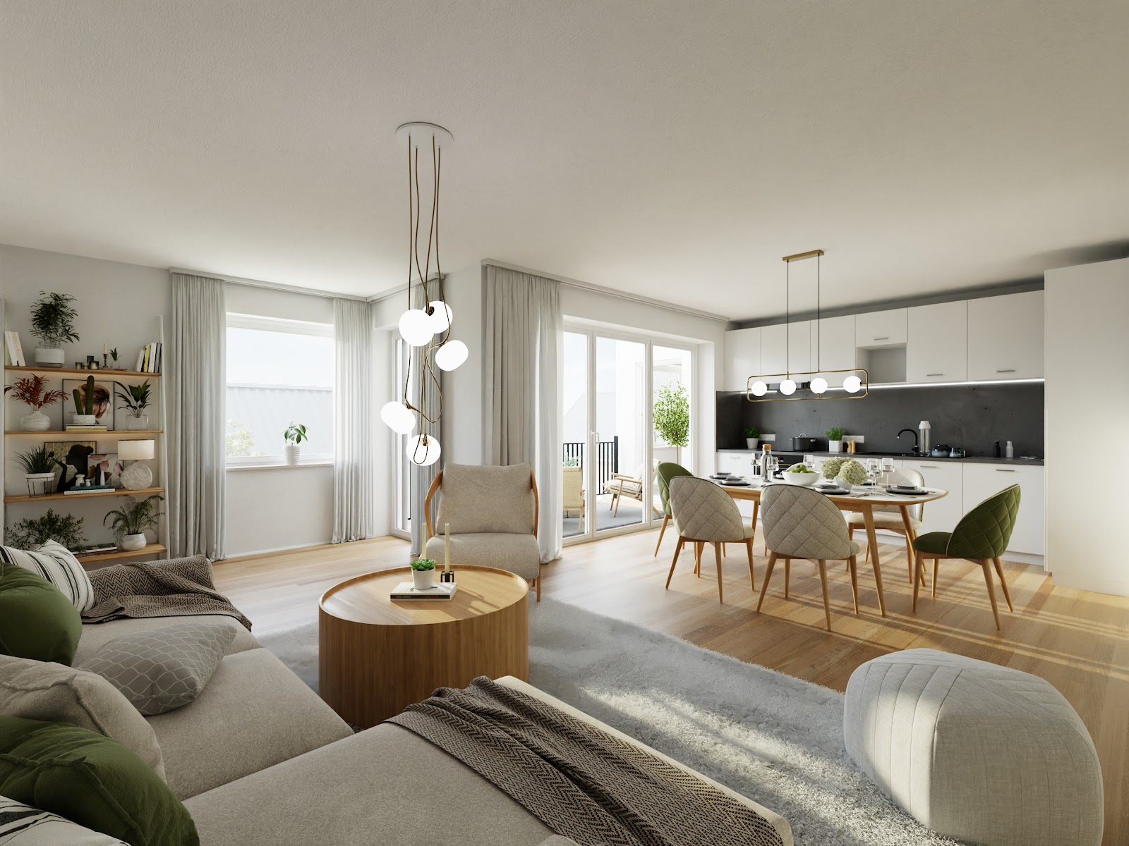 Einblick Wohnzimmer mit offener Küche_Visualisierung